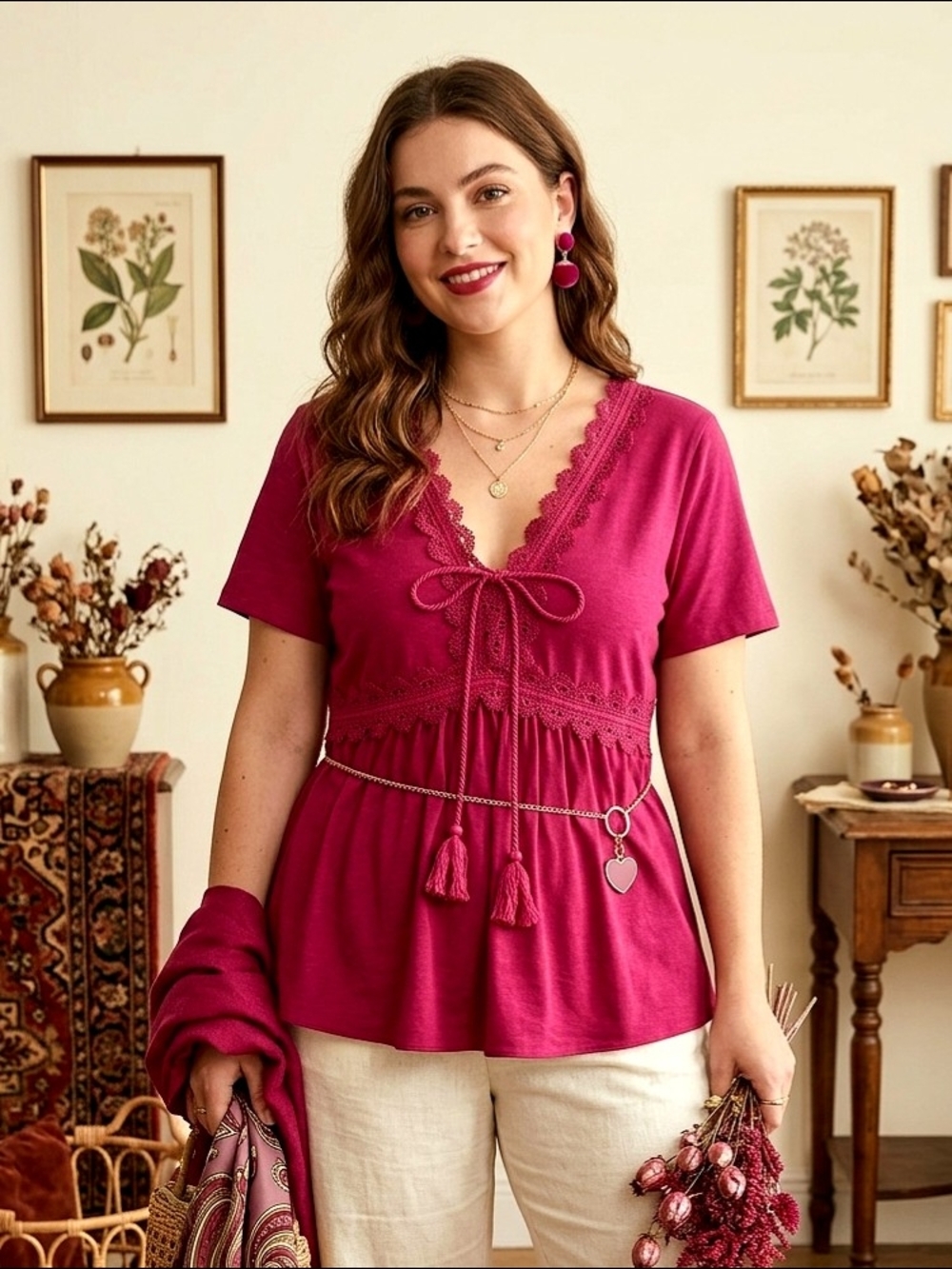 Boho Hippie Berry Red  Lace-Trim Tunic with Tasseled Tie & Empire Waist Medium - Picture 3 of 4